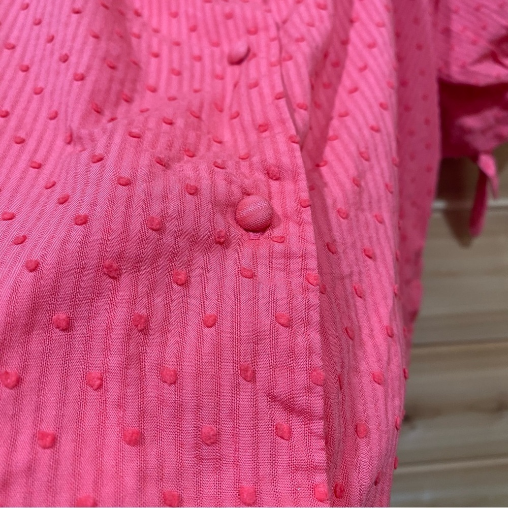 Women's Pink Puff Sleeve Swiss Dots Blouse Covered Buttons Knot Sleeve SZ Medium - Picture 4 of 10